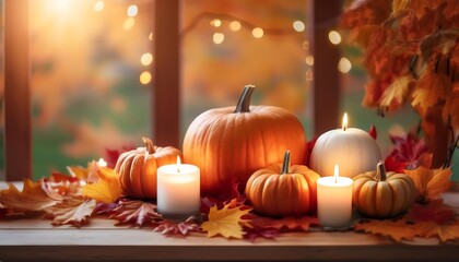 A cozy autumn display with glowing candles among pumpkins and colorful leaves at sunset. Generative AI