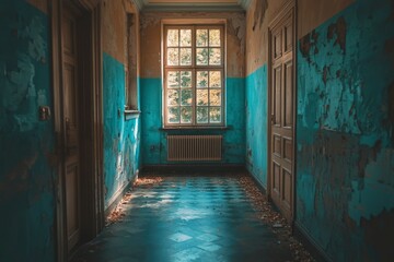 Fototapeta premium Abandoned Hallway with Peeling Blue Paint and Sunlight Through a Window