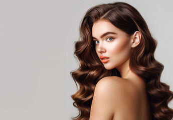 Naklejka premium Good-looking glam woman with long wavy hair. Model with curly hairstyle and healthy skin. Beauty, hairstyle, makeup and cosmetics