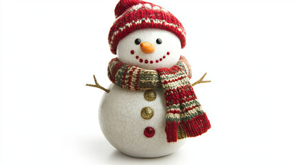 Fototapeta premium Colorful Christmas snowman with a scarf and hat on white background 