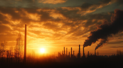 Naklejka premium image captures dramatic sunset over industrial landscape, highlighting smokestacks and pollution. scene evokes sense of environmental concern and impact of industry on nature
