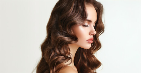 Naklejka premium Close-up portrait of glam woman with long wavy hair. Model with curly hairstyle and healthy skin. Beauty, hairstyle, makeup and cosmetics