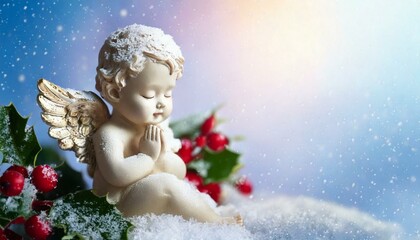 Obraz premium Cute praying angel decoration with holly branches covered in snow