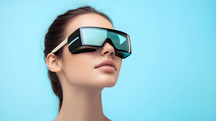 Portrait of a young woman wearing futuristic glasses on a light blue background with copy space  -  