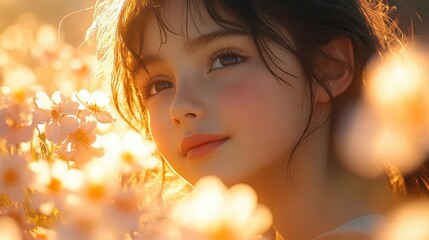 Fototapeta premium heartwarming scene of a young girl sharing a joyful moment with her loving father surrounded by blooming flowers and soft sunlight capturing the essence of familial love and connection