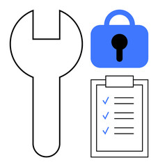Wrench, lock, and checklist with blue checkmarks. Ideal for security, maintenance, management, organization, and productivity themes. Simple vector style highlighting safety and efficiency