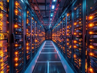 Fototapeta premium server room filled with intricate network cables and fiber optic equipment, presenting a high-tech panorama of a modern data center, showcasing the essence of connectivity