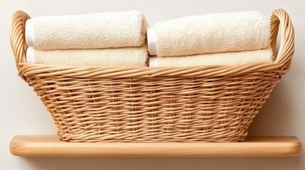 Obraz premium A close-up view of a stylish home interior displays a basket filled with pastel-colored towels, showcasing a minimalist design near the entrance illuminated by natural light