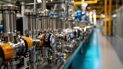 High tech industrial equipment featuring advanced valves and gauges in modern facility. image showcases intricate design and functionality of machinery used in manufacturing processes