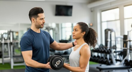 Fototapeta premium Personal Trainer Guiding a Woman Lifting Weights at the Gym