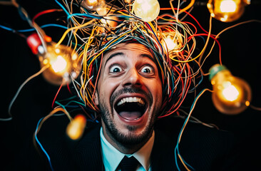 Businessman excitedly with lightbulb glowing bright. brilliant and  inspiration concepts.symbol of intelligence of brain