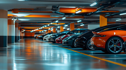 Fototapeta premium Sleek luxury underground parking garage with a line of high-end cars - 