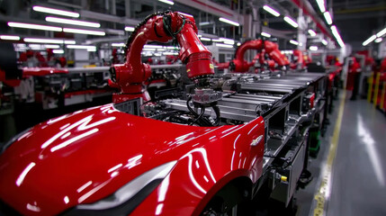 Automated industrial robots work efficiently on red vehicle assembly line, showcasing advanced technology in manufacturing. scene highlights precision and speed of robotic arms in modern factory