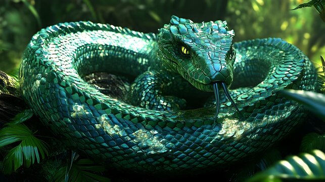 Colossal Mythical Basilisk Coiled and Ready to Strike in Lush Jungle Setting Baroque Oil Painting