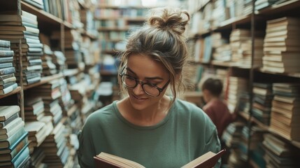 A woman with glasses is happily engrossed in a book, surrounded by numerous shelves in a library, creating a sense of joy and immersion in literature.