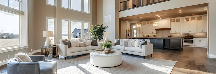 Spacious living room with high ceilings, neutral tones, and light wood floors ready for customization -  