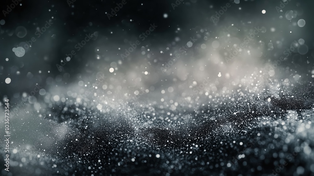 Poster Mysterious abstract background with floating dust particles and soft bokeh lights, illuminated against a dark grey and black backdrop. The smooth blend of light and shadow creates an ethereal, dreamy 