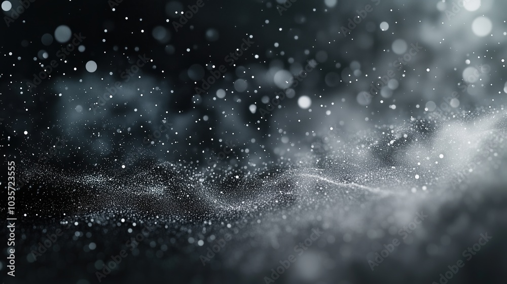 Aufkleber Mysterious abstract background with floating dust particles and soft bokeh lights, illuminated against a dark grey and black backdrop. The smooth blend of light and shadow creates an ethereal, dreamy 