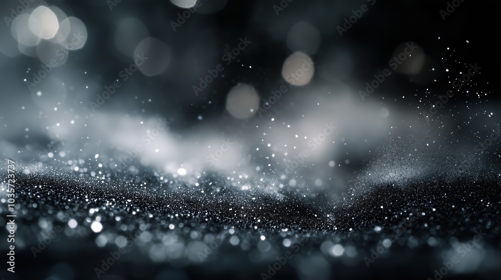 Poster Mysterious abstract background with floating dust particles and soft bokeh lights, illuminated against a dark grey and black backdrop. The smooth blend of light and shadow creates an ethereal, dreamy 