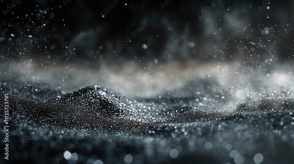 Poster Mysterious abstract background with floating dust particles and soft bokeh lights, illuminated against a dark grey and black backdrop. The smooth blend of light and shadow creates an ethereal, dreamy 