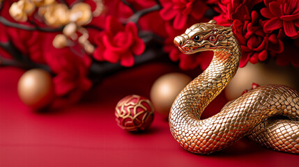 Fototapeta premium Golden Snake Statue with Red Floral Decor