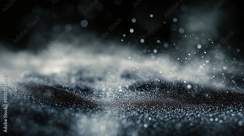 Aufkleber Mysterious abstract background with floating dust particles and soft bokeh lights, illuminated against a dark grey and black backdrop. The smooth blend of light and shadow creates an ethereal, dreamy 