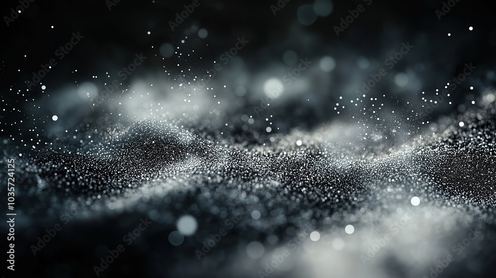 Aufkleber Mysterious abstract background with floating dust particles and soft bokeh lights, illuminated against a dark grey and black backdrop. The smooth blend of light and shadow creates an ethereal, dreamy 