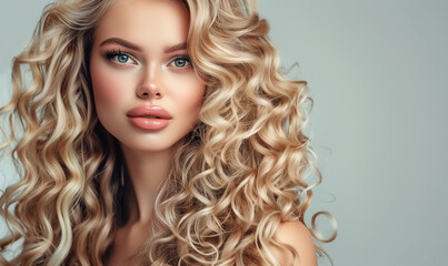 Fototapeta premium Glorious blonde model face. Long blond hair, fresh skin and natural make-up looking at camera