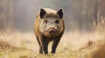 A wild boar walking through a grassy path in a natural setting.