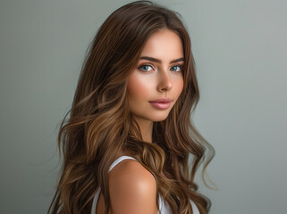 Naklejka premium Adorable brunette model woman with long curly hair. Young adult woman with hairstyle wavy curls. Fashion, beauty and makeup concept