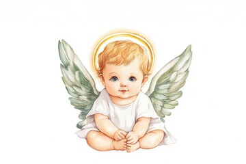 Fototapeta premium Angelic baby cherub, purity and peace, glowing halo, isolated on white background, watercolor painting