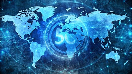 Obraz premium Futuristic 5G Motion Graphics Overlaid on a Grunge World Map with Digital Circles and HUD Elements
