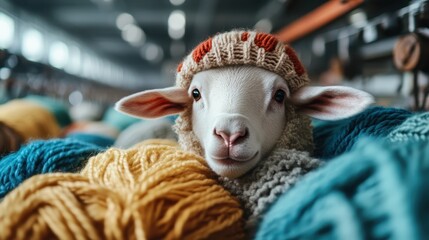 A charming sheep wearing a knitted hat sits amidst colorful yarn balls, creating a playful and creative scene emphasizing warmth and coziness in an artistic setting.