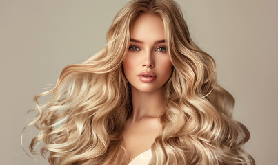 Healthy female model with long blonde hair on gray background. Woman with glossy wavy white hairstyle and make-up.