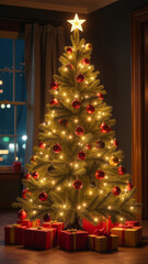 A Christmas tree beautifully decorated with garlands and red balloons, it stands in a room with a large window. There are a lot of gift boxes under the tree, vertical format.