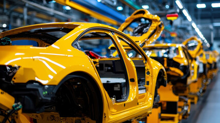 Fototapeta premium Automated assembly line showcasing yellow car bodies in factory setting, highlighting role of technology in modern manufacturing