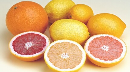 Fototapeta premium An artistic display of colorful citrus fruits, including lemons and oranges, arranged on a pastel yellow background, creating a fresh and vibrant look.