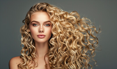 Fototapeta premium Charming female model with long blonde hair on gray background. Woman with glossy wavy white hairstyle and make-up.