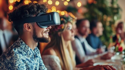 A couple attending a virtual reality wedding ceremony, exchanging vows in a simulated romantic setting with virtual guests from around the world, Modern lifestyle scene