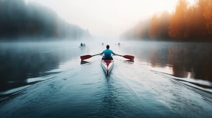 A group of rowers gracefully navigate through a serene river, enveloped in morning mist and framed by autumnal trees, capturing the essence of tranquility in nature.