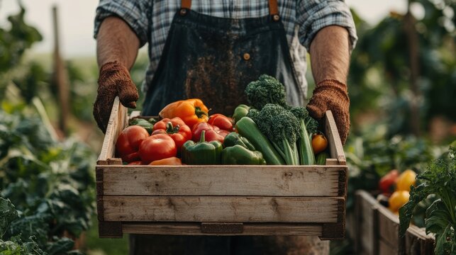 farmer holding wooden box full of fresh vegetables. harvesting season. basket with vegetables in the hands of a farmer background, healthy, organic, food, agriculture