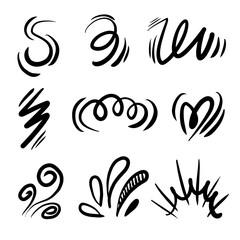 Fototapeta premium Vector set of hand-drawn cartoony expression sign doodle, emoticon effects design elements, cartoon character emotion symbols, cute decorative brush stroke lines.