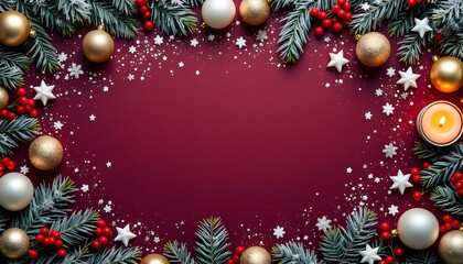 Magnificent Christmas decor to enjoyable party. Top view of gleaming balls, star-shaped candles, scattered confetti, frosted pine branches, festive holly berries on verdant backdrop with text space