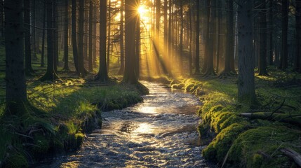 Naklejka premium Sunbeams Illuminating a Forest Stream