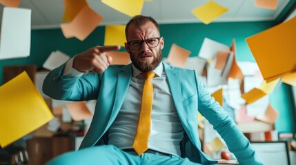 A focused businessman in a bright turquoise suit points assertively, surrounded by floating sticky notes in various shades of yellow and orange in the office.
