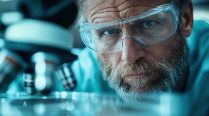 A dedicated researcher with protective eyewear closely analyzes specimens using a microscope, demonstrating meticulousness and precision in a state-of-the-art laboratory environment.