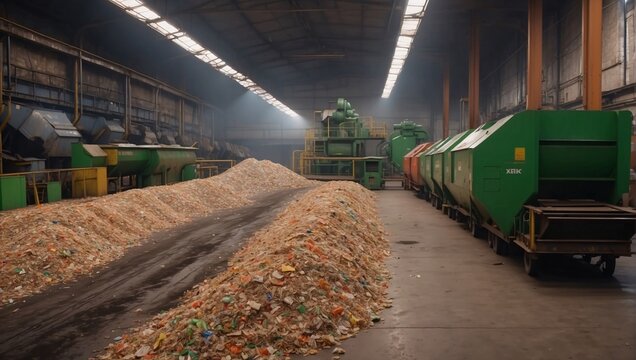 Inside a waste processing facility, large piles of sorted recyclables are visible, surrounded by machinery and conveyor belts, as bright daylight filters through the industrial space