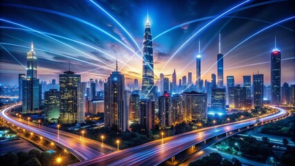 Obraz premium Futuristic Tech City at Night with High-Speed Data Transfer and Superfast Broadband Abstract Background