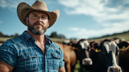 A stoic cowboy observes his herd of curious cattle set against the backdrop of an expansive countryside, symbolizing themes of resilience and guardianship.