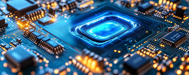 Fototapeta premium Futuristic Circuit Board with Glowing Stadium Microchip Design